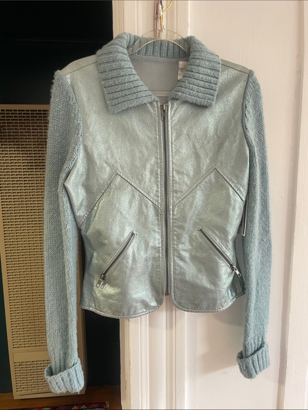 Vintage Metallic Pale Blue Knit-Sleeve Leather Jacket small fit
